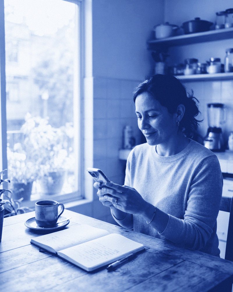 Mujer adulta sentada a la mesa de su cocina, tranquila, revisando información en su teléfono.